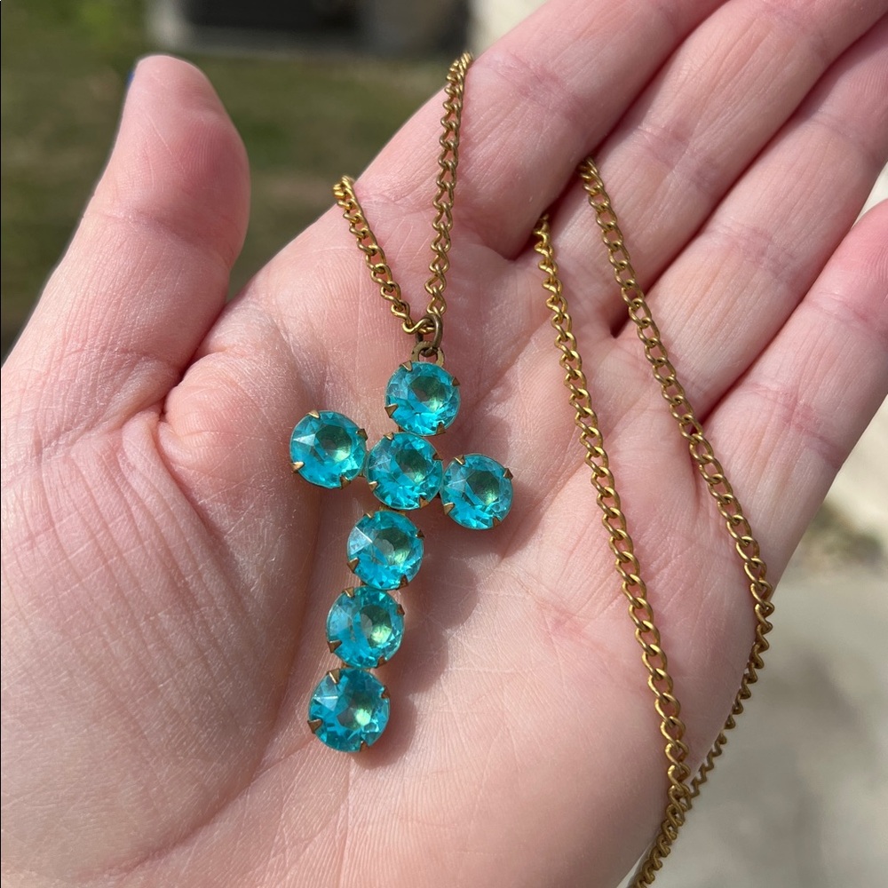 Antique Victorian Religious Aqua Blue Seafoam Paste Gem Gold Gilt Cross Necklace - Picture 2 of 9